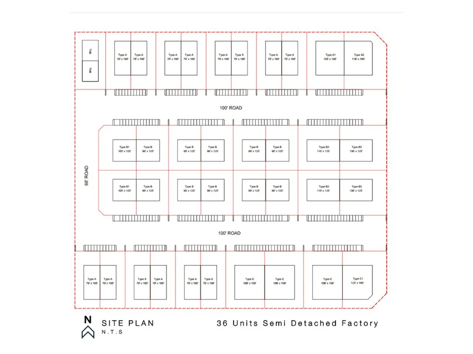 Approved site plan for Alaman 11 Corporate Industrial Park showing 36 semi-detached factory lots arranged around 100-foot internal roads