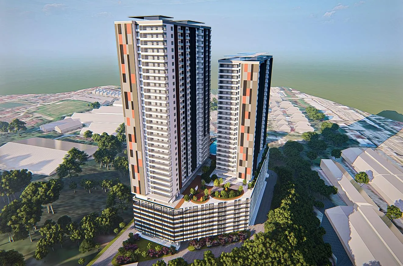 Architectural render of the Templer View twin serviced apartment towers above a landscaped podium